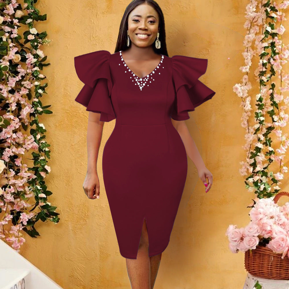 Damen figurbetontes Midi-Kleid mit voluminösen Rüschensäumen und Glitzerakzenten Drune