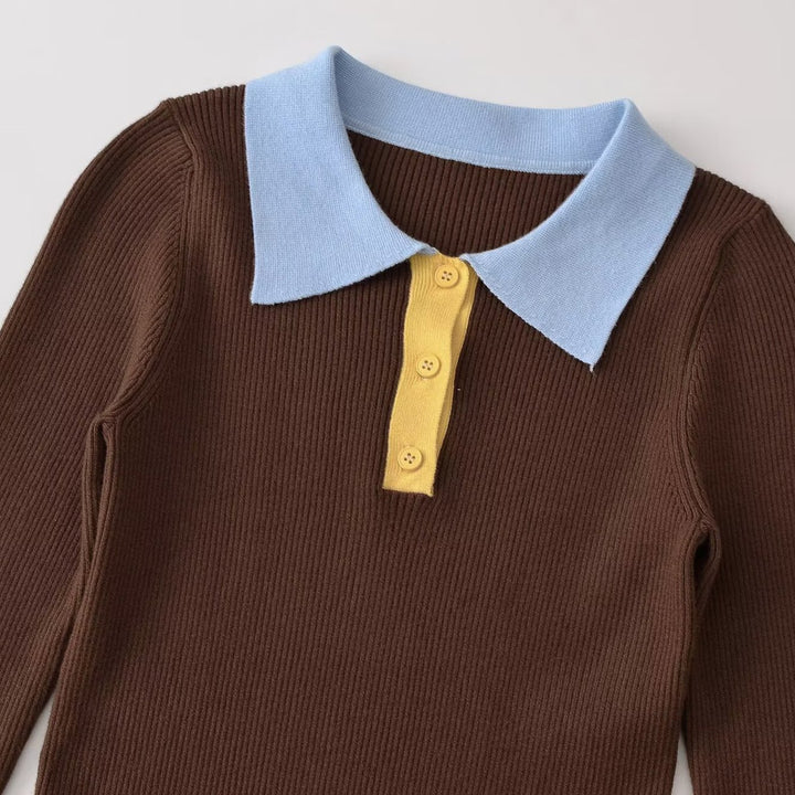 Damen Figurbetonter Rippstrick-Pullover mit Polokragen, Knopfleiste und Colorblock-Details Drune