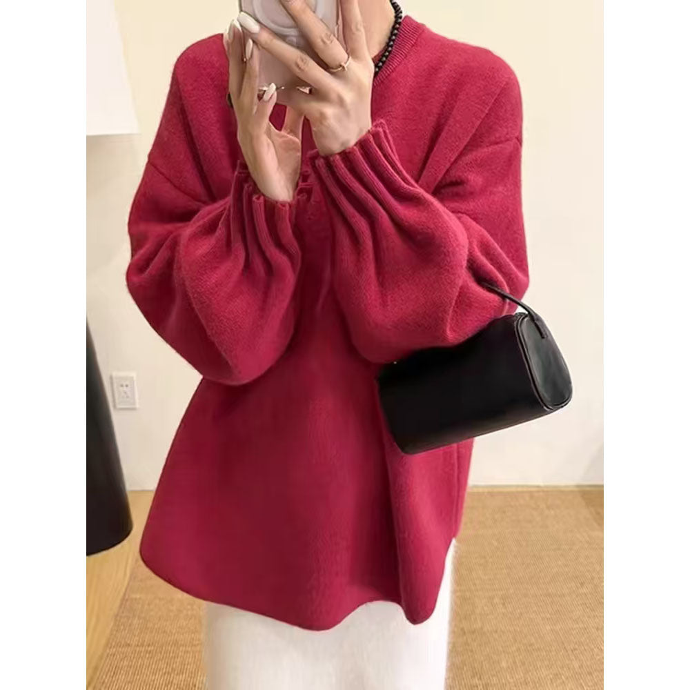 Damen lässiger Pullover mit strukturiertem Ärmel-Wickeldesign Drune
