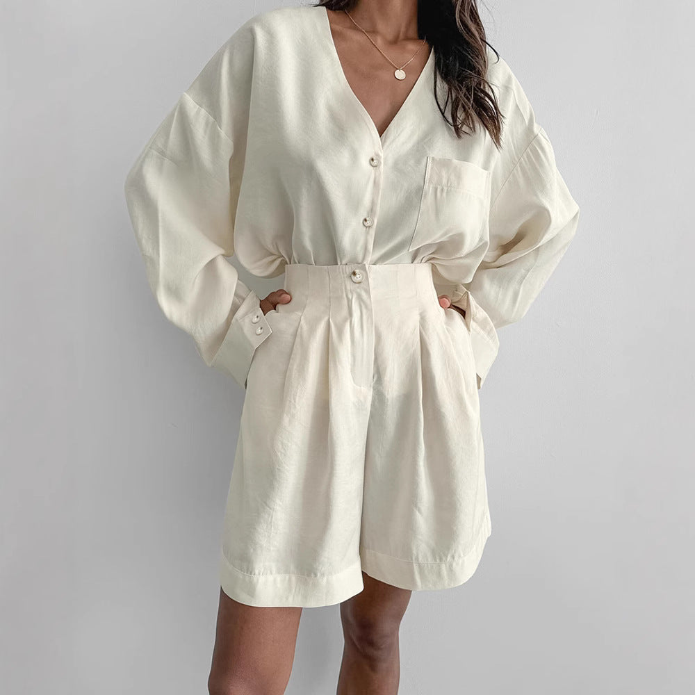 Damen bequemer Schlafanzug mit Knopfleiste und kurzen Hosen Drune