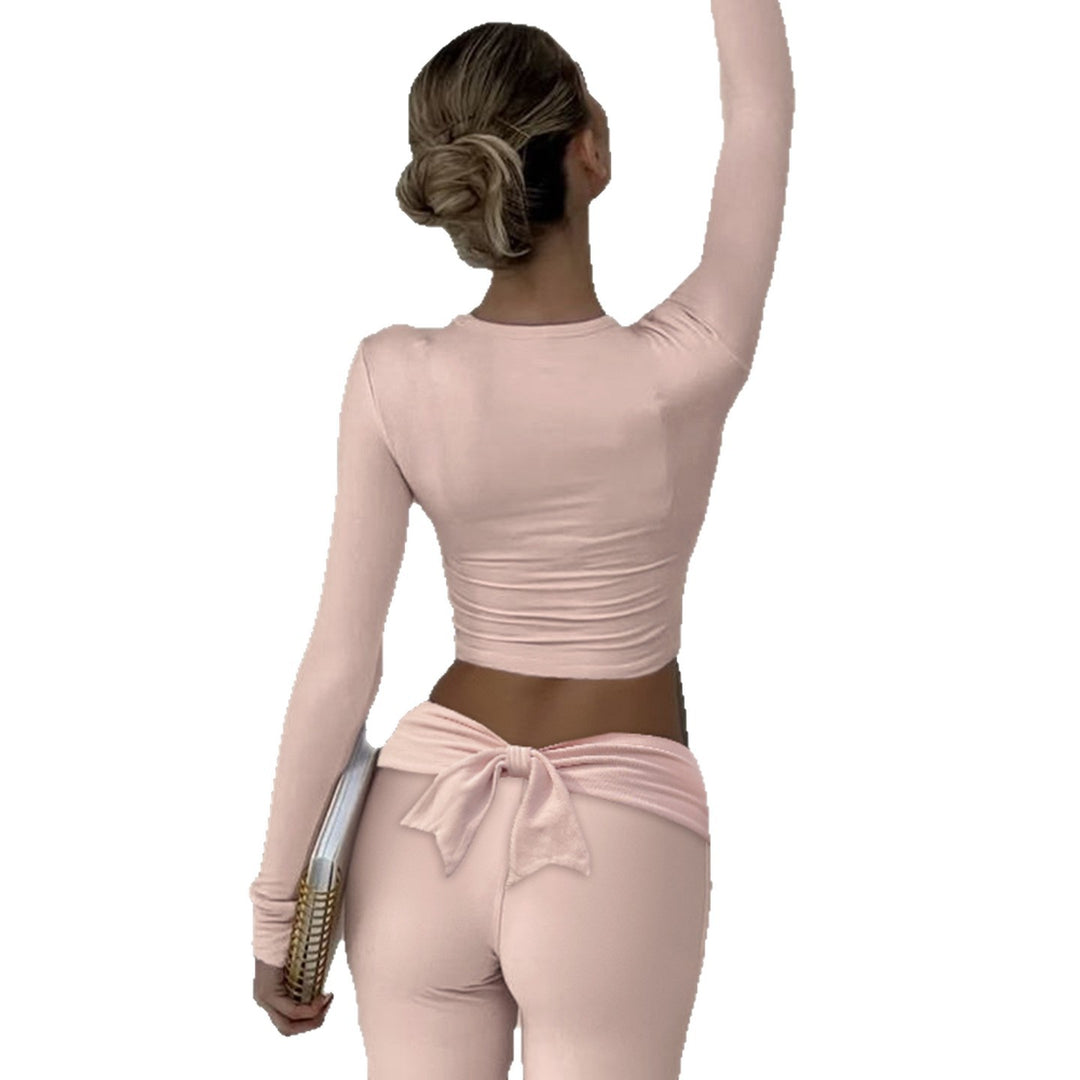 Damen nan Cropped-Longsleeve mit dekorativer Schleifenfront, V-Ausschnitt und figurbetonter Passform Drune