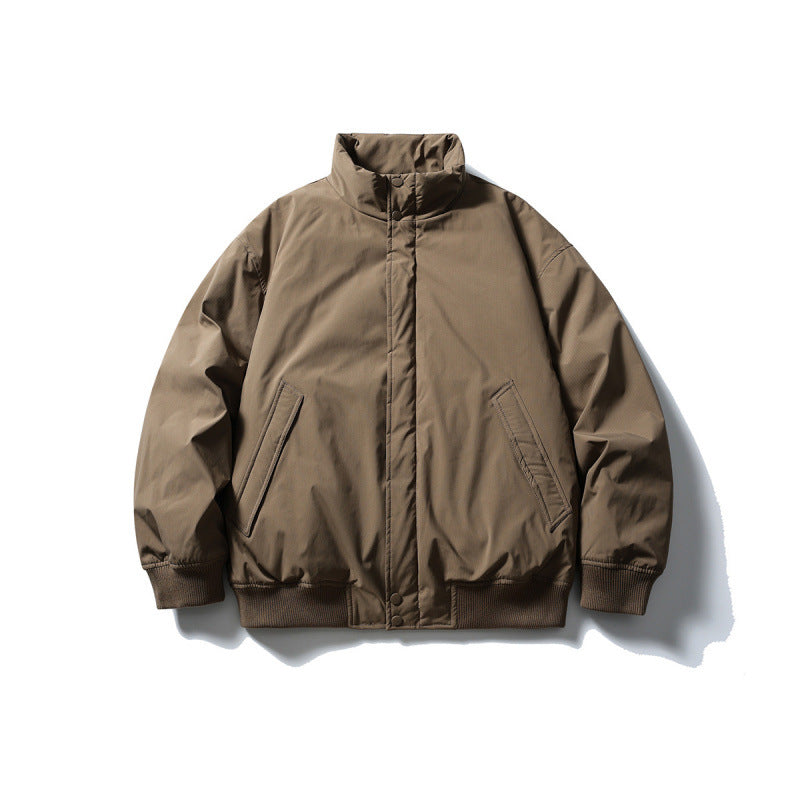 Unisex Kastig geschnittene wattierte Bomberjacke mit hohem Stehkragen und verdeckter Frontblende Drune