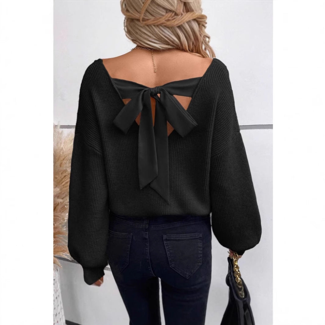 Damen Strickpullover mit tiefem V-Ausschnitt und dekorativem Schleifen-Detail Drune