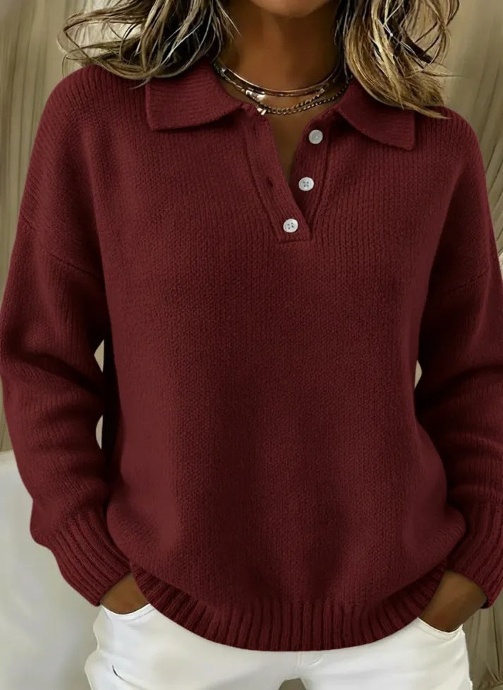 Damen nan kuscheliger Polokragenpullover mit kurzer Knopfleiste und gerippten Bündchen Drune