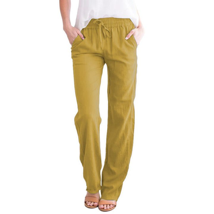 Damen Leichte Leinenoptik Palazzo-Hose mit Gummibund, Tunnelzug und Eingrifftaschen Drune