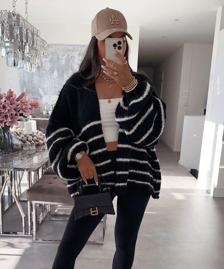 Damen Gemütliche Strickjacke mit Streifenmuster und weit geschnittenen Ärmeln Drune
