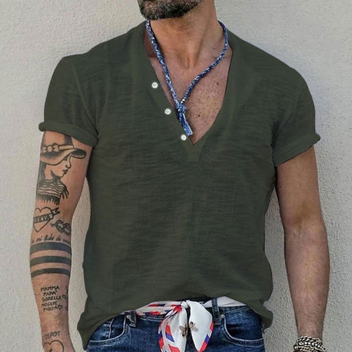 Herren nan Kurzarmshirt im Henleystil aus Slub-Baumwolljersey mit kurzer Knopfleiste Drune