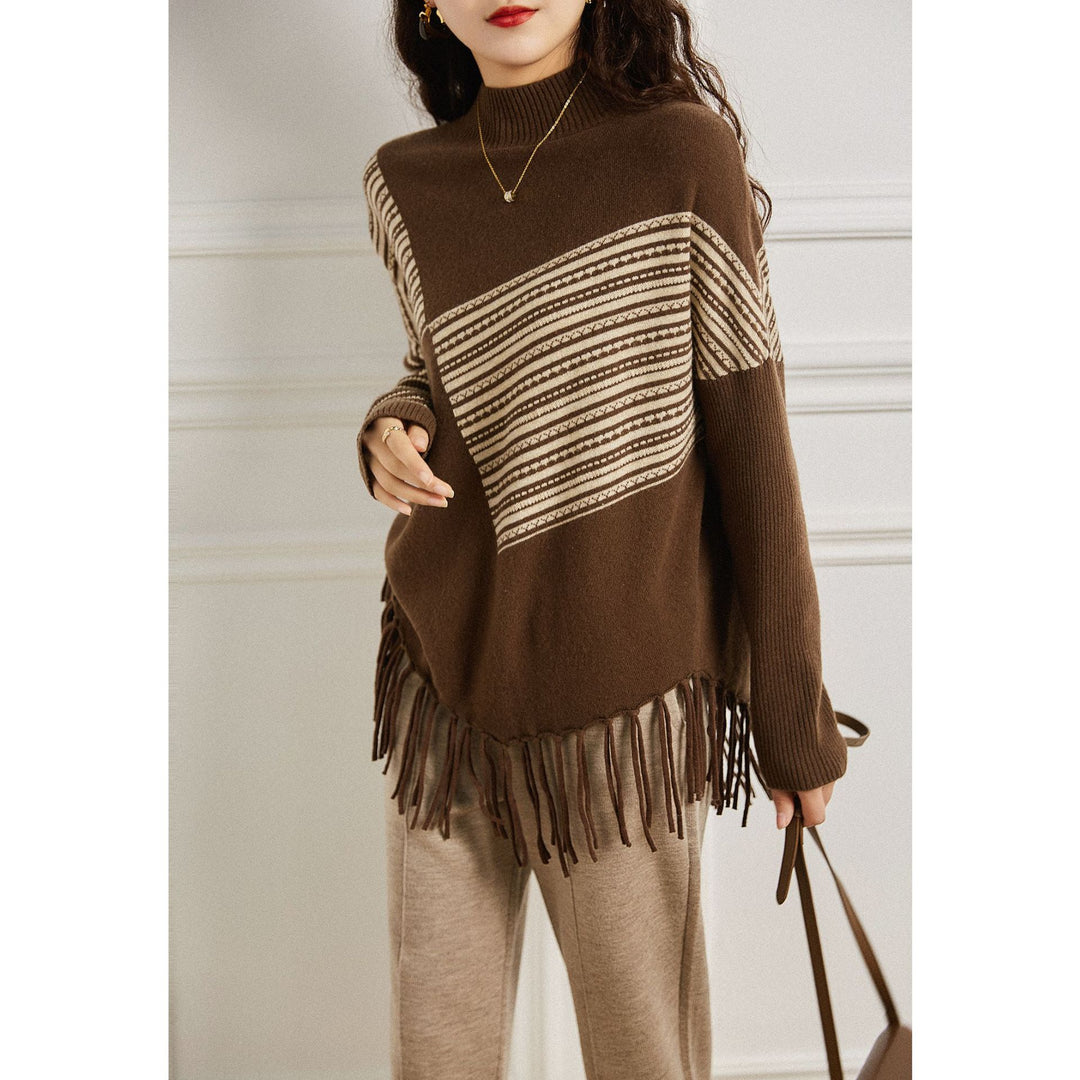 Damen Strickpullover mit geometrischem Muster und Fransen Drune