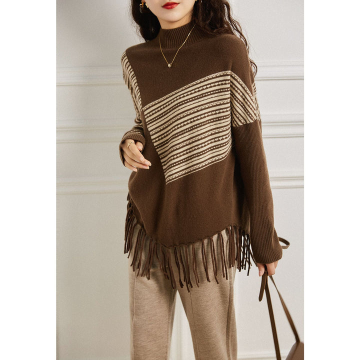 Damen Strickpullover mit geometrischem Muster und Fransen Drune