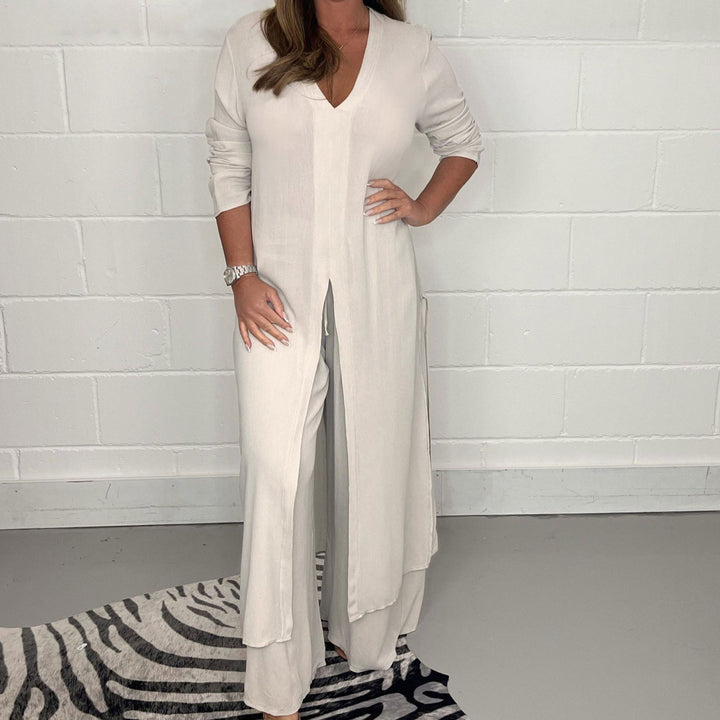 Damen Langes V‑Ausschnitt Tunika‑Kleid mit Frontschlitz und weiter Palazzohose Drune