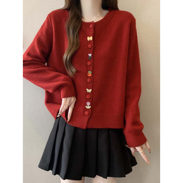 Damen kuschelige Strickjacke mit bunten Knöpfen Drune