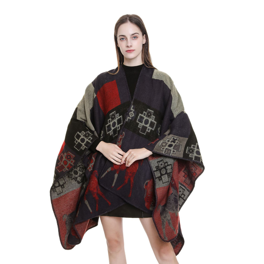 Damen Oversize-Jacquard-Capeponcho mit ornamentaler Webstruktur Drune