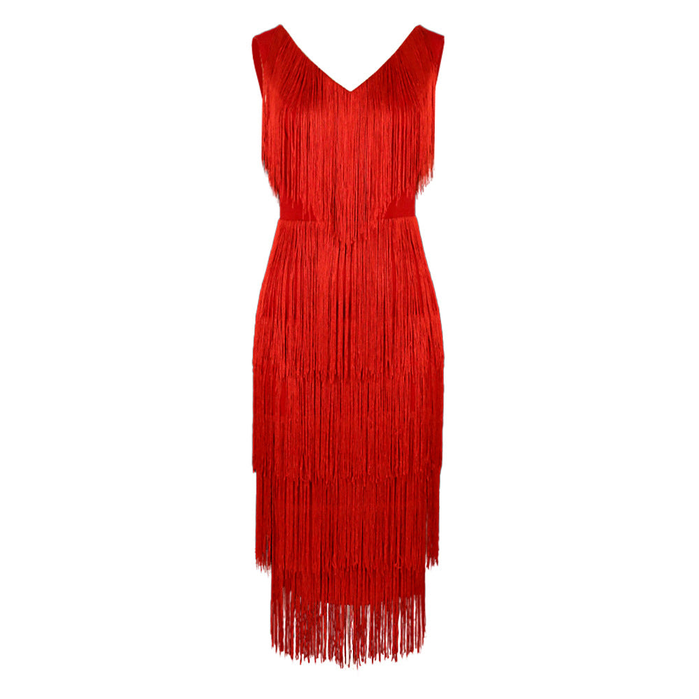 Damen Fransen Kleid mit elegantem V-Ausschnitt und schwingendem Saum Drune