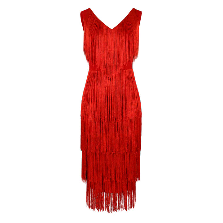 Damen Fransen Kleid mit elegantem V-Ausschnitt und schwingendem Saum Drune