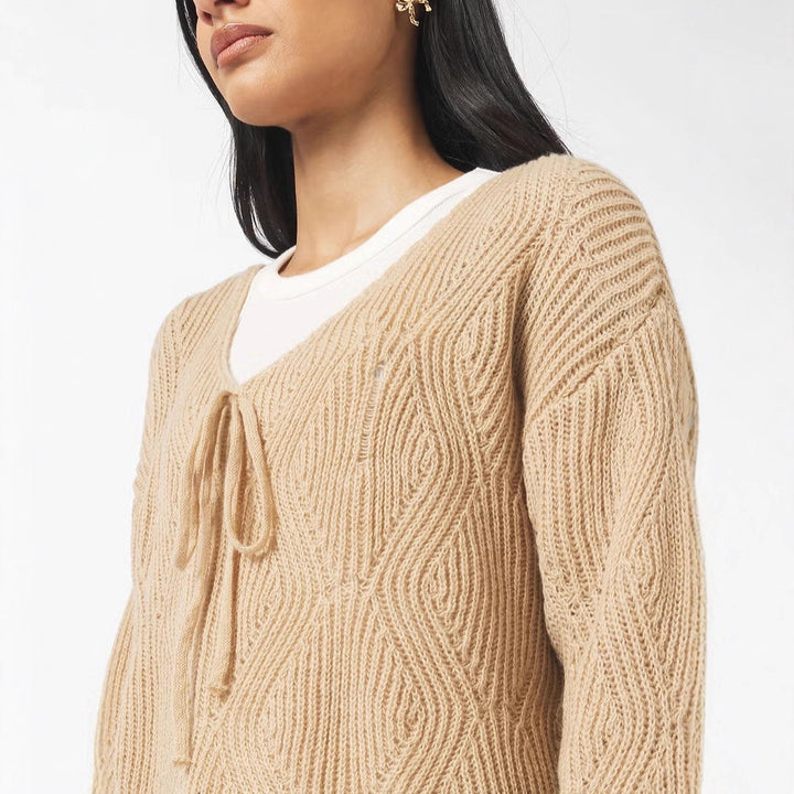 Damen Oversize Strickpullover mit V-Ausschnitt, Kordelzug und Rautenstruktur Drune