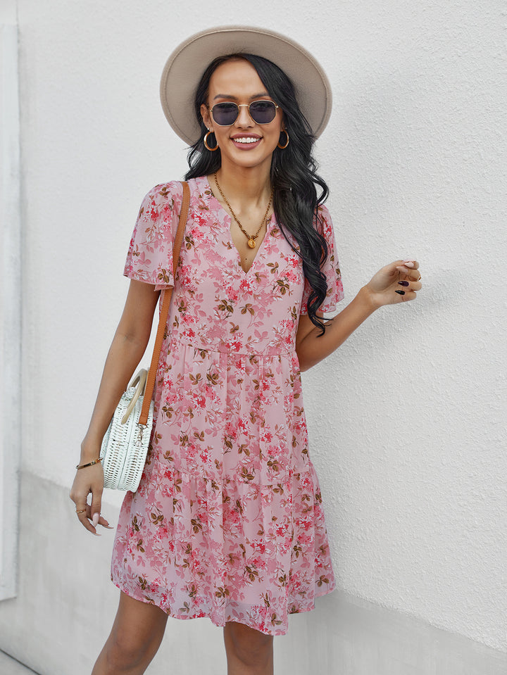Damen Kurzes Freizeitleinenkleid mit floralen Verzierungen und rüschigem Saum Drune