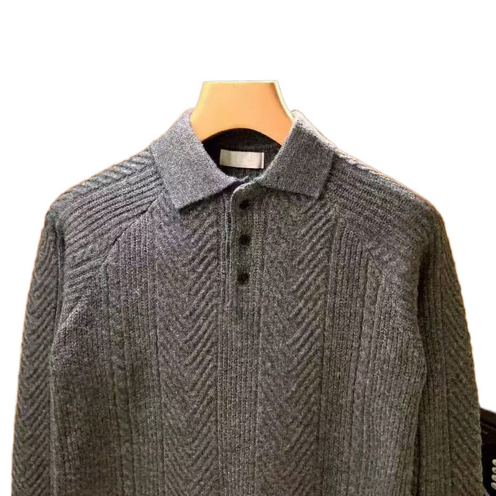 Herren Feinstrick-Polopullover mit halber Knopfleiste und Zopfmuster Drune