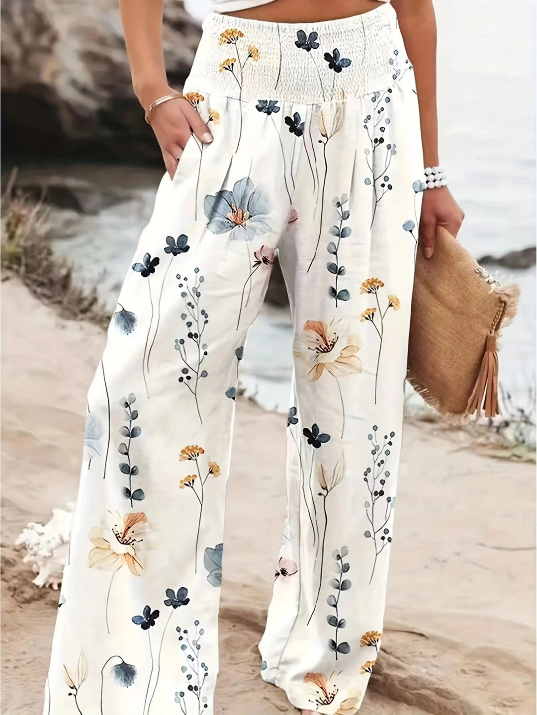 Damen Palazzo-Hosen mit floralem Druck und elastischem Bauchbund Drune
