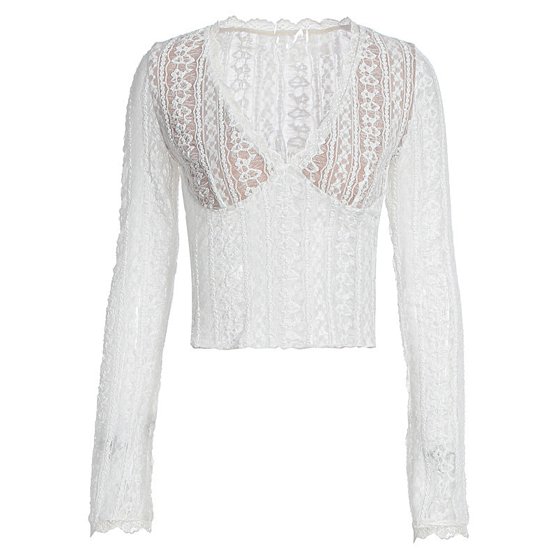 Damen Spitzenbluse mit transparentem Design und langen Ärmeln Drune