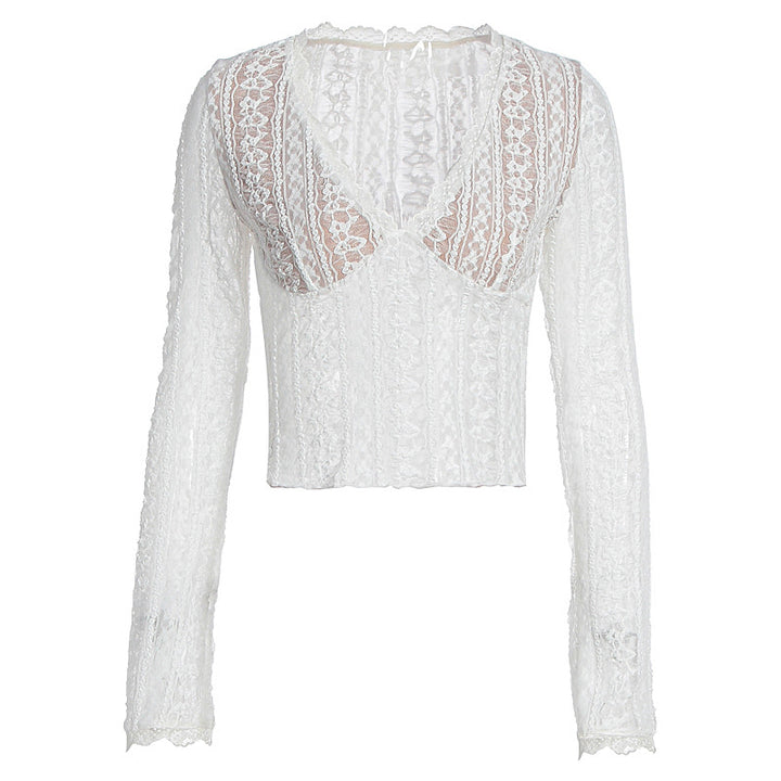 Damen Spitzenbluse mit transparentem Design und langen Ärmeln Drune