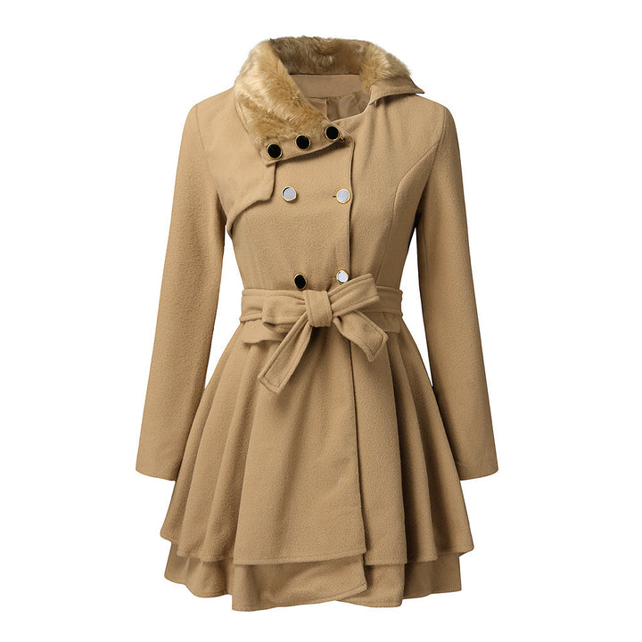 Damen eleganter Trenchcoat mit abnehmbarem Fellkragen und Taillengürtel Drune