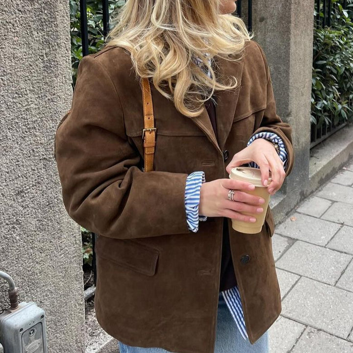 Damen Modischer Wildlederblazer im lässigen Oversized-Stil Drune