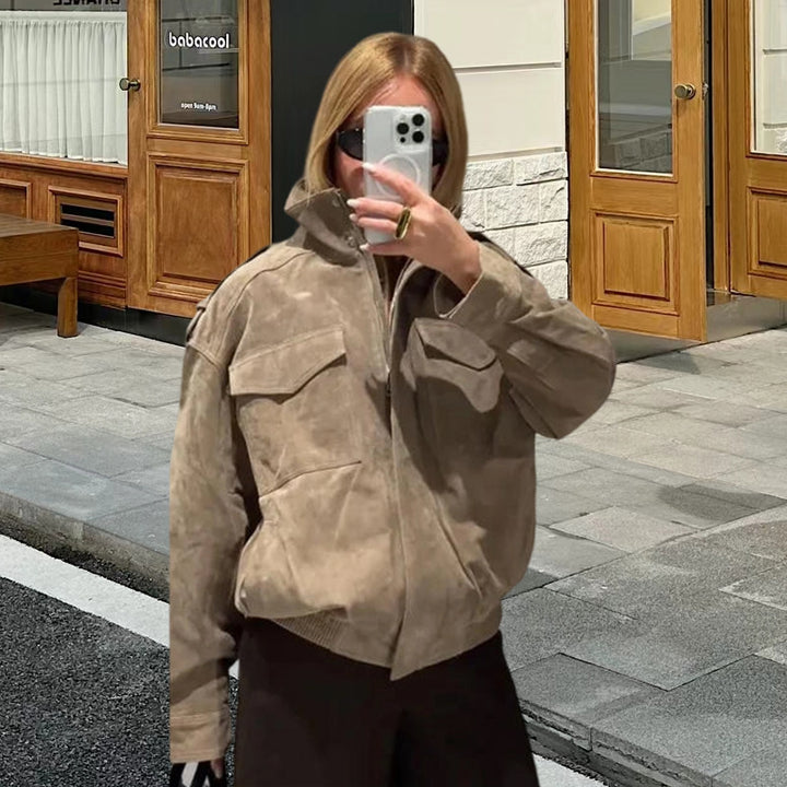 Damen Fetziges Wildlederjacke mit praktischen Taschen Drune