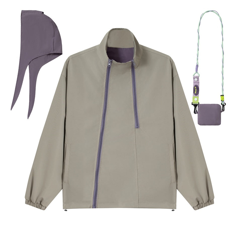 Unisex Kurz geschnittene technische Windjacke mit asymmetrischem Zwei‑Wege‑Reißverschluss, abnehmbarer Sturmhaube und Umhänge‑Minitasche Drune