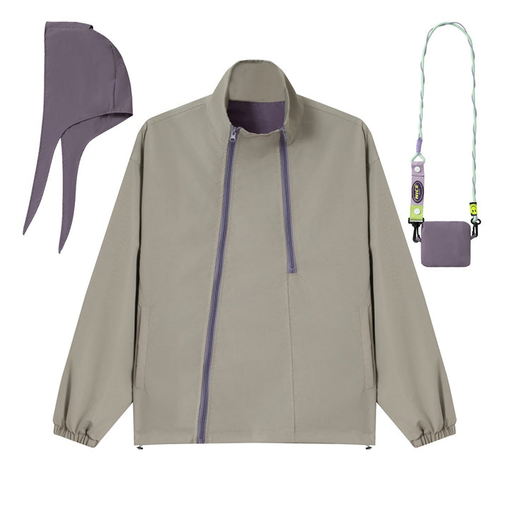 Unisex Kurz geschnittene technische Windjacke mit asymmetrischem Zwei‑Wege‑Reißverschluss, abnehmbarer Sturmhaube und Umhänge‑Minitasche Drune
