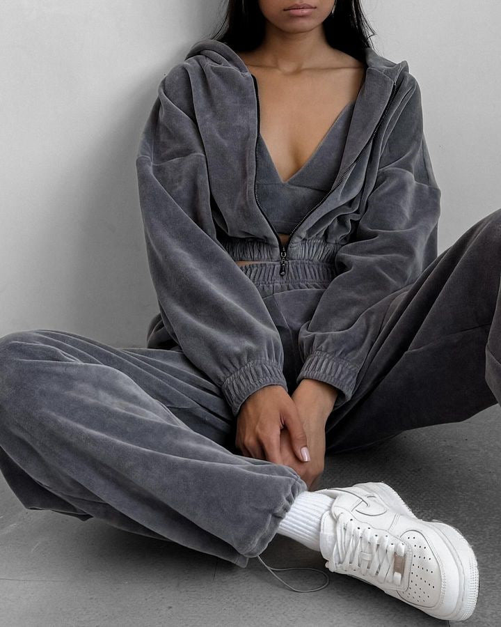 Damen Velours-Lounge-Set mit kurzem Reißverschluss-Hoodie, elastischer High-Waist-Jogginghose und Bustier Drune