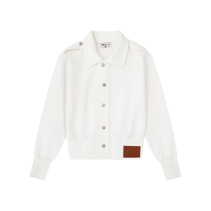 Damen Kurz geschnittene Sweatjacke mit Hemdkragen Schulterklappen und Lederpatch Drune