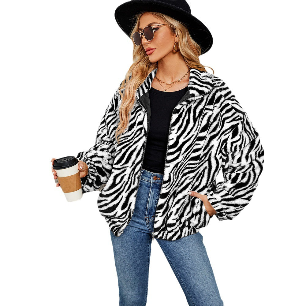 Damen Fleece-Jacke mit Zebra-Muster Drune