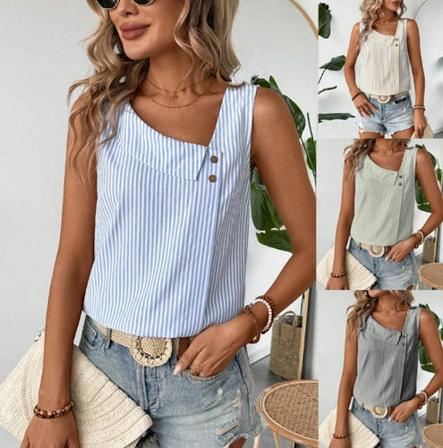 Damen Ärmelloses gestreiftes Cropped-Leinen-Top mit asymmetrischem Kragen und Zierknöpfen Drune