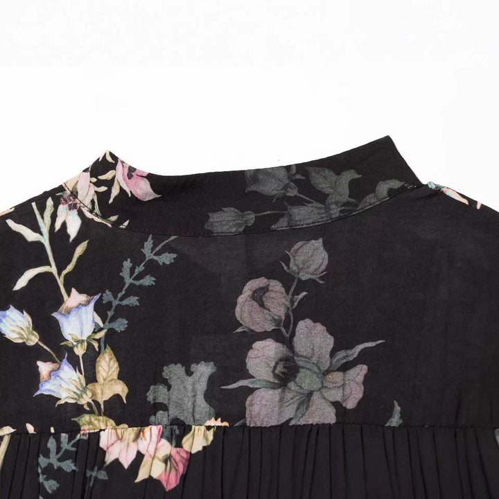 Damen Boho-Stufenkleid mit Stehkragen, Taillengürtel und Ballonärmeln Drune