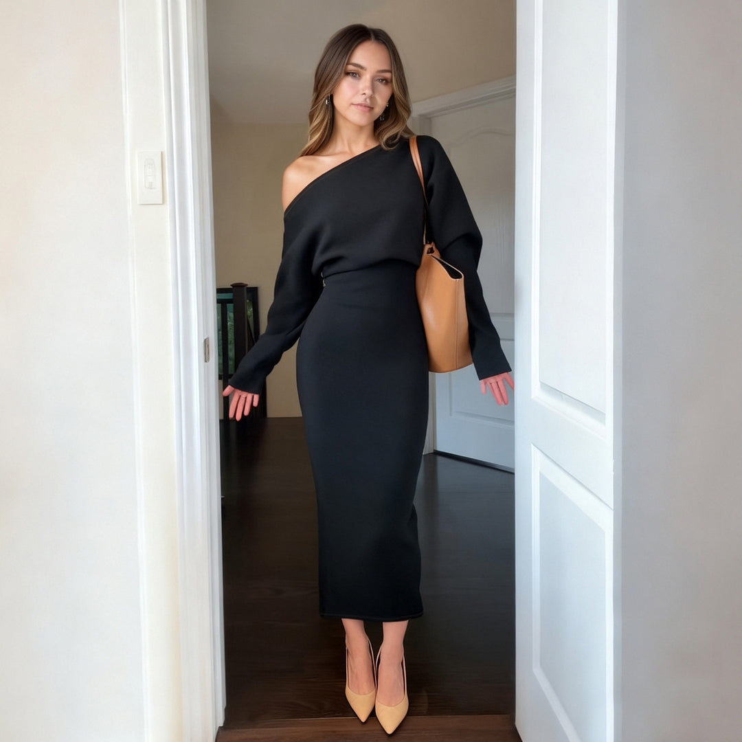 Damen nan figurbetontes Midikleid mit Fledermausärmeln und taillierter Passe Drune