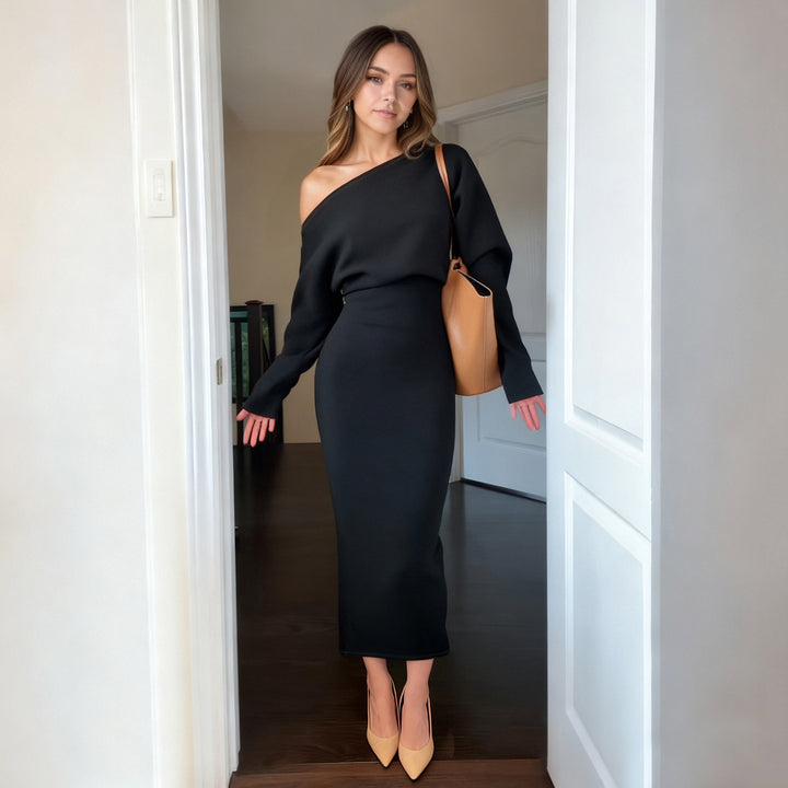 Damen nan figurbetontes Midikleid mit Fledermausärmeln und taillierter Passe Drune