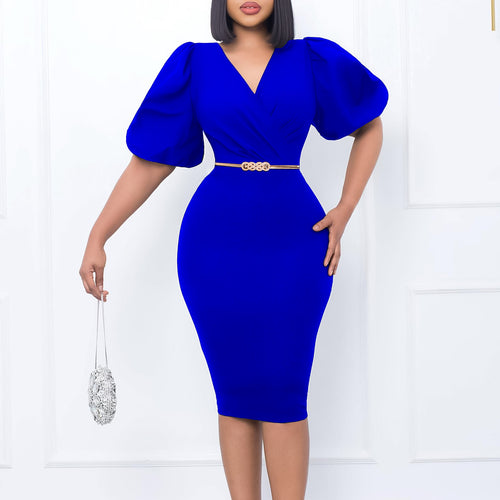 Damen Etui-Kleid mit eleganten Puffärmeln und modischem Taillengürtel Drune