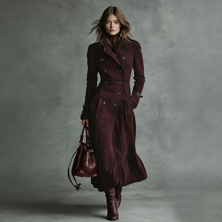 Damen Langer Taillierter Trenchcoat aus Veloursleder‑Optik mit doppelreihiger Knopfleiste und Schnallenmanschetten Drune
