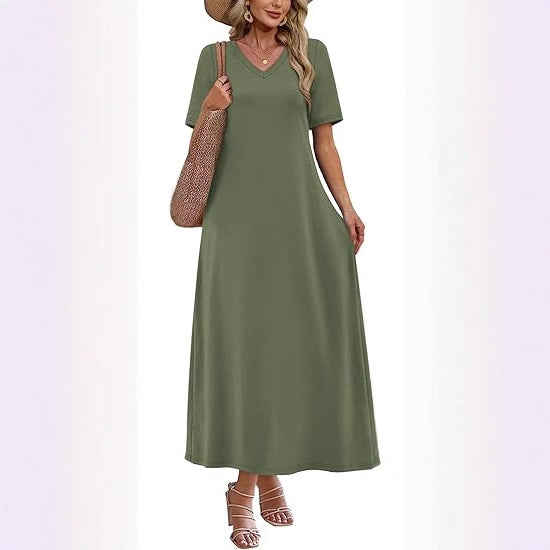 Damen Langes A-Linien-Maxikleid mit V-Ausschnitt, Kurzarm und Eingrifftaschen Drune