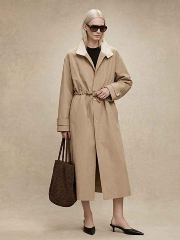Damen Taillierter Mantel im Trenchcoat‑Stil mit Kordelzug‑Taille und Kontrastkragen Drune