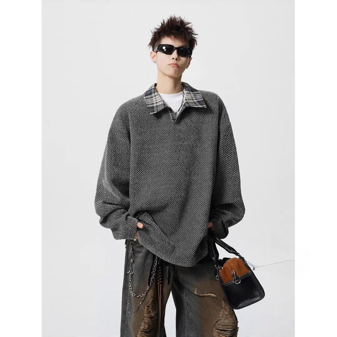 Herren Oversize Strukturiertes Sweatshirt mit Polokragen und diagonaler Strickstruktur Drune