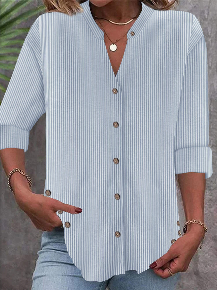 Damen Freizeit Gestreiftes Hemd Bluse mit Stehkragen, Durchgängige Knopfleiste und Roll-up 3/4 Ärmeln Drune
