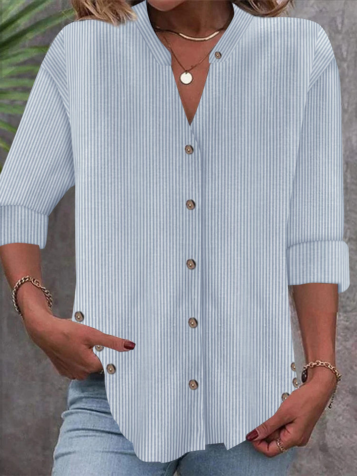 Damen Freizeit Gestreiftes Hemd Bluse mit Stehkragen, Durchgängige Knopfleiste und Roll-up 3/4 Ärmeln Drune