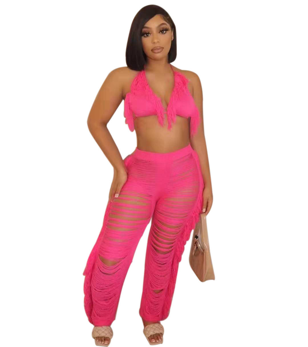 Damen Strandoutfit mit fransigem Crop-Top und lässiger Hose Drune