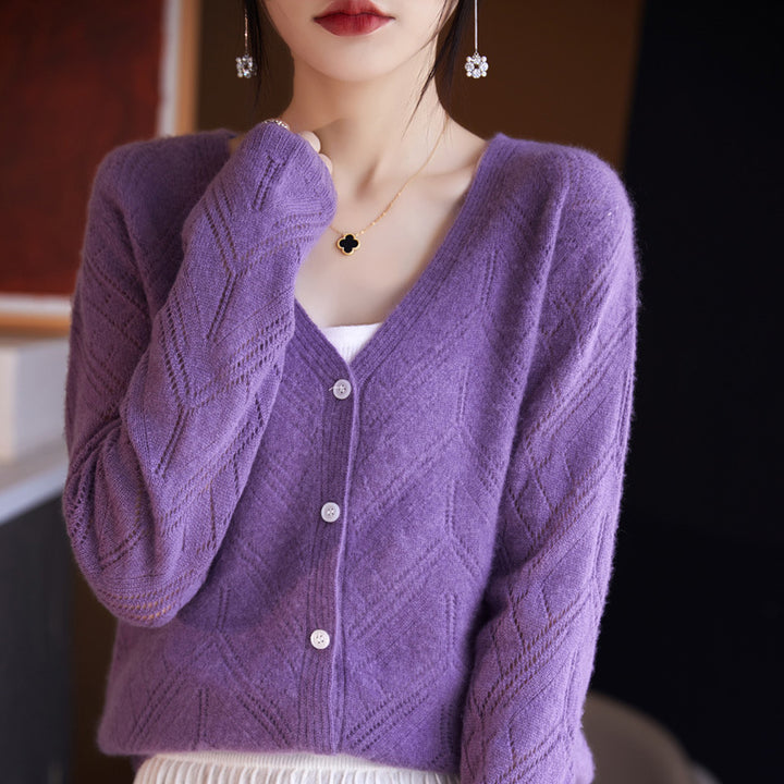Damen Leichter Ajourcardigan mit geometrischer Lochstruktur und kastiger Kurzform Drune