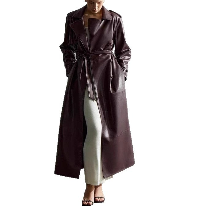 Damen elegante Kunstleder-Trenchcoatjacke mit Gürtel und modischen Details Drune
