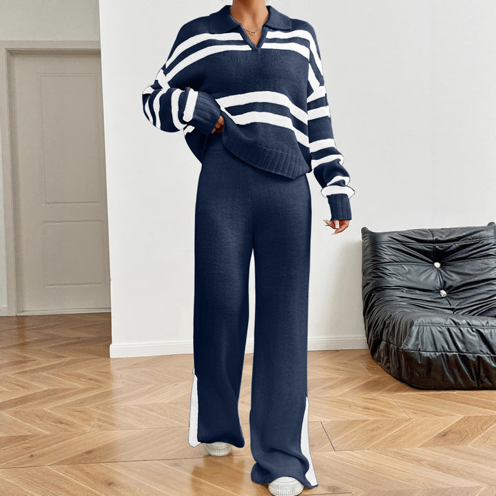Damen Lässiges Strick-Outfit mit Polo-Kragen und gestreiftem Design Drune