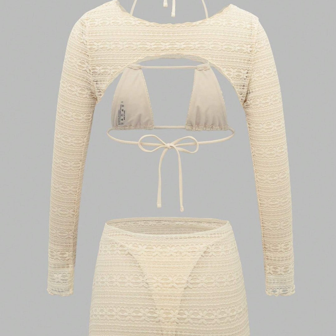 Damen Bikini-Set mit langärmligem Oberteil und hoch geschnittenem Rock Drune