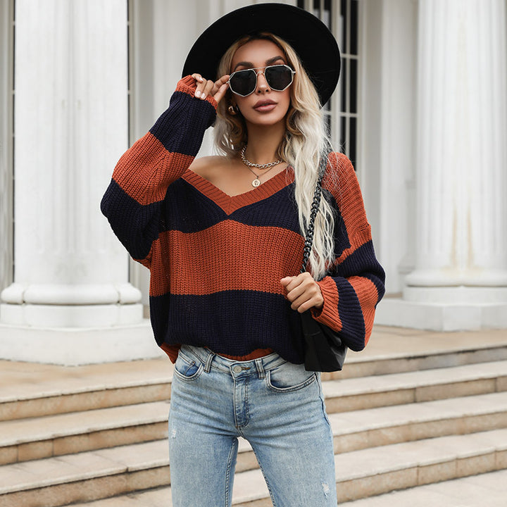 Damen Gestreifter Oversize V‑Ausschnitt Pullover im Grobstrick Drune