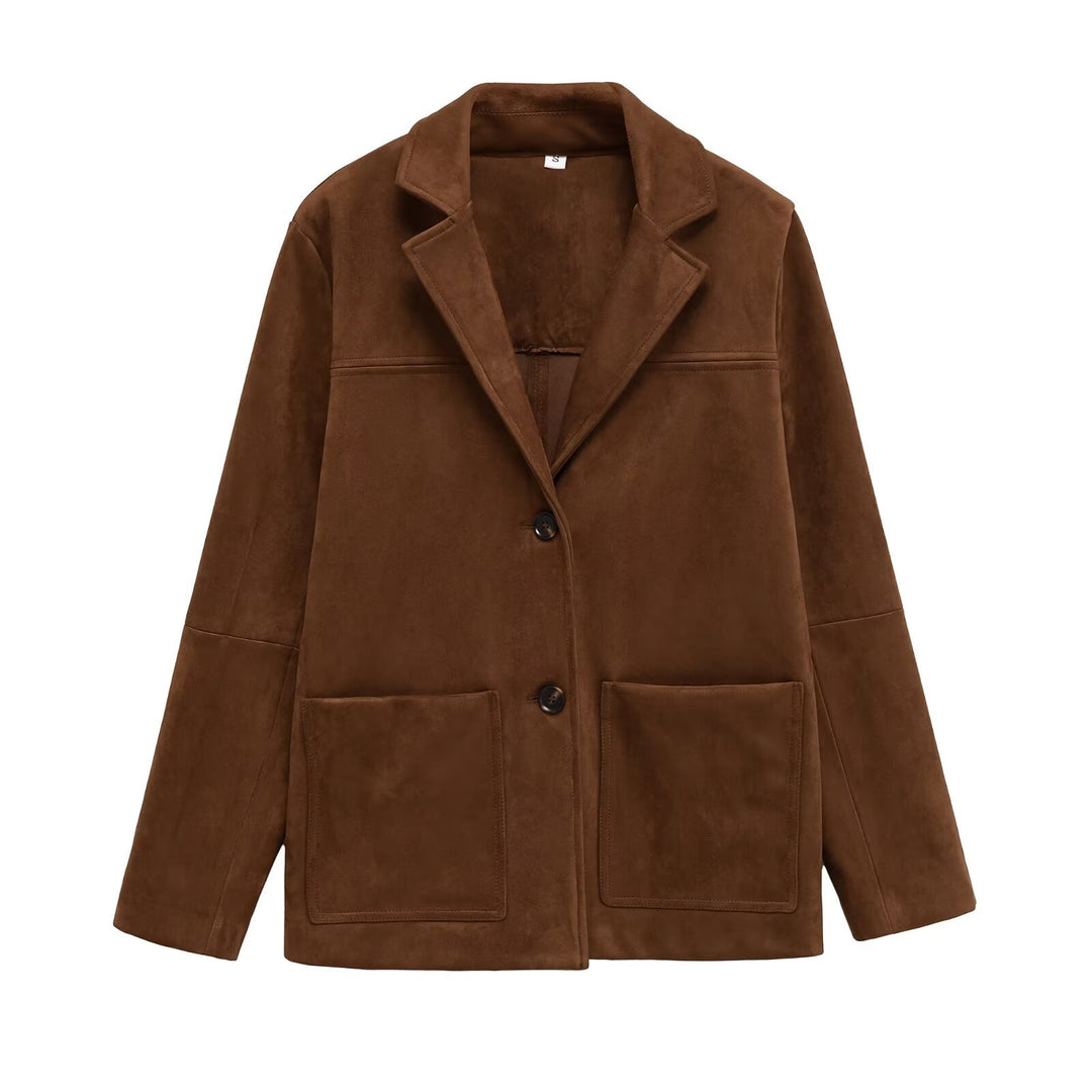 Damen Modische Suede Blazerjacke mit praktischen Taschen Drune